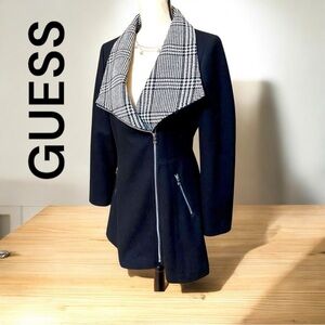 Guess-asymmetrical Pea Coat medium. Glen plaid/wool blend.Timeless design! EUC!
